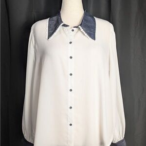 Smak Parlour Ivory Sheer and Blue Button Down Blouse